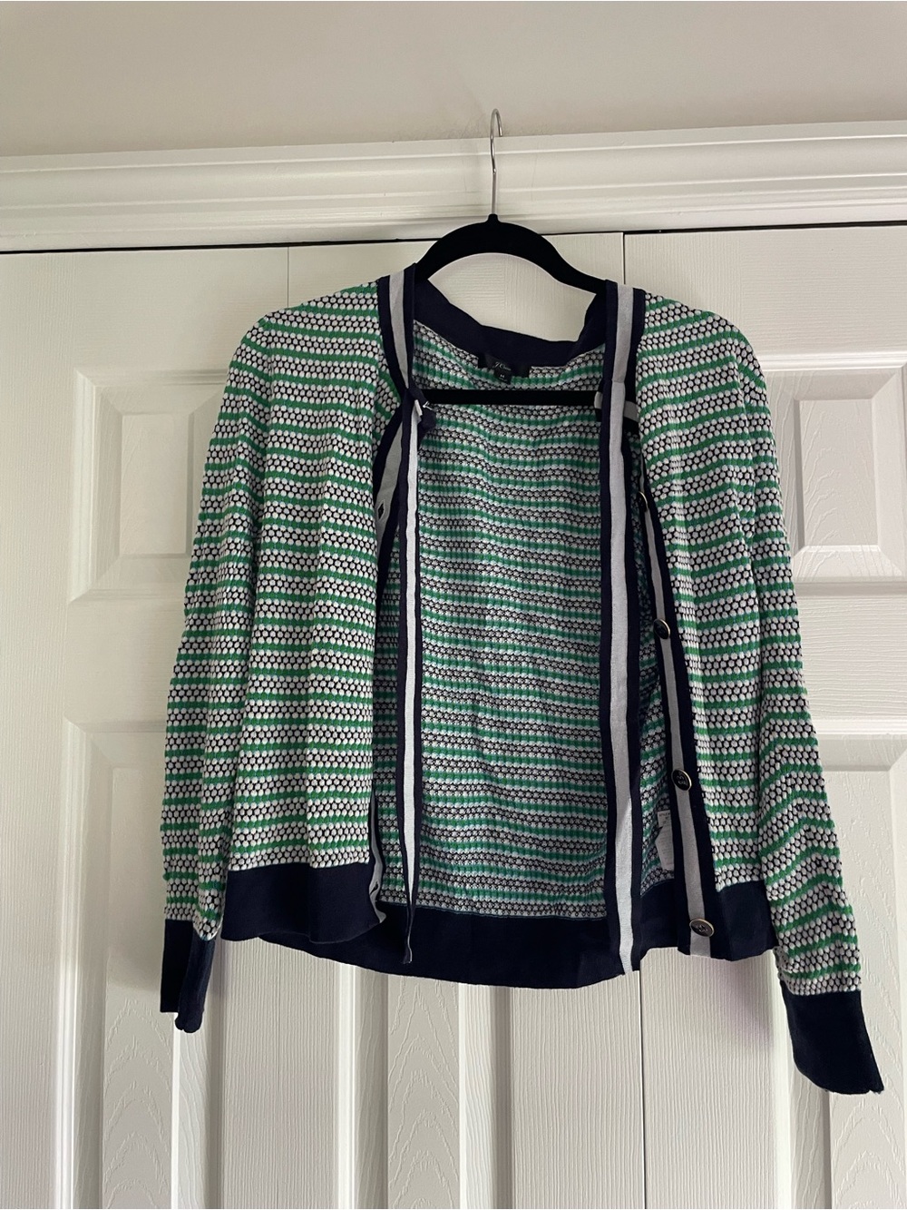 J. Crew Green and Navy Patterned Cardigan